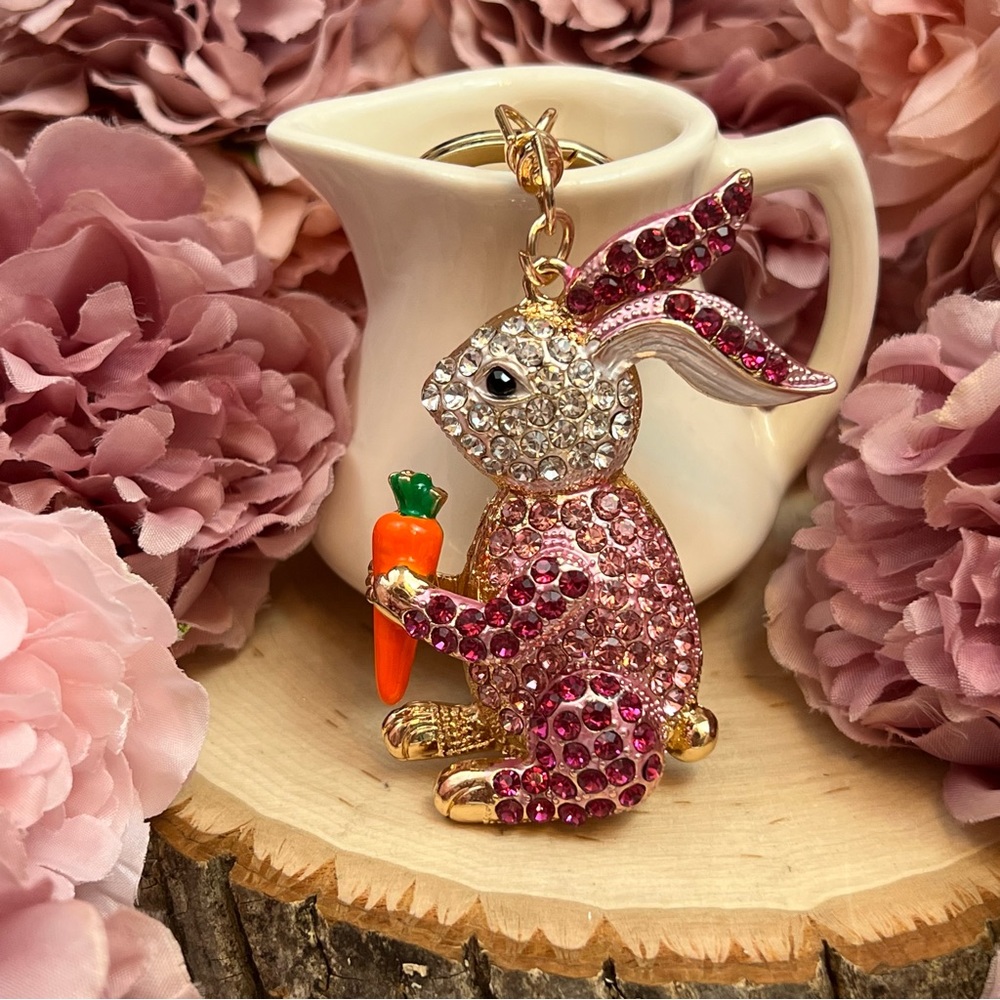 Pink and Silver Crystal Bunny Rabbit with Carrot Keychain Charm